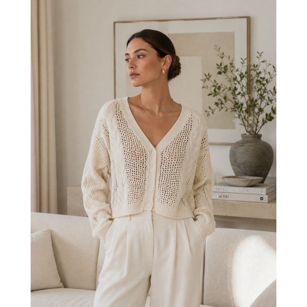 NAADAM Women’s Cropped Cable Knit Cardigan Medium Cream Merino Wool Cashmere